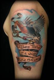 Big arm beautiful colored bird letter key tattoo pattern