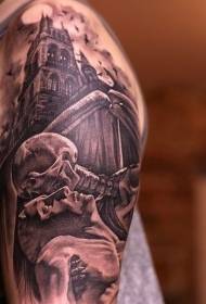 Big black and gray style creepy church with skull skeleton tattoo pattern