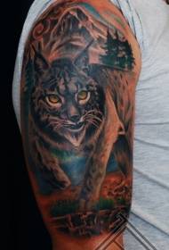 Wzór tatuażu męskiego Barrow męski dziki kot i góra