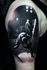 Músic gris realista de braç negre realista amb patró de tatuatge de guitarra