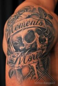 Big arm black skull and letter rose tattoo pattern