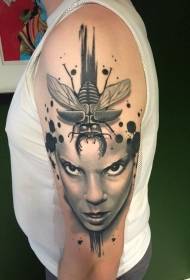 Big arm realistic female portrait and insect tattoo pattern