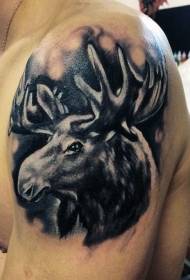 Big black and white big elk tattoo pattern in realistic style