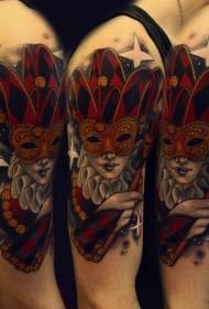 Big arm color female clown mask tattoo pattern
