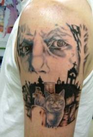 Hånd mystisk farvet kat og kirkegård med mand portræt tatovering mønster