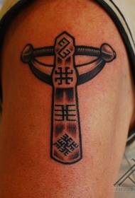 Big arm ancient tools and symbols tattoo pattern