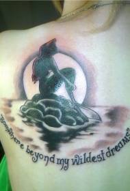 Prekrasan uzorak tetovaže leđa sirena i zalaska sunca