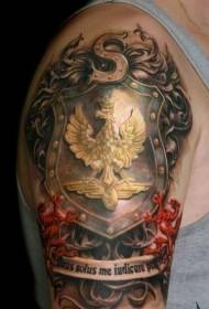 Big arm 3D realistic family badge with golden eagle and red lion tattoo pattern