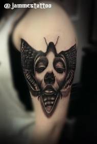 Big arm black gray style insect with female face tattoo pattern