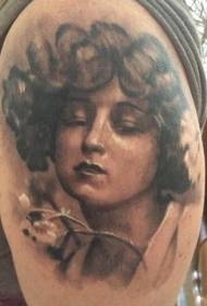 Big arm realistic old school woman portrait with flower tattoo pattern