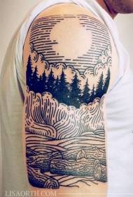 Vienkāršs melnu līniju mežs ar mēness tetovējuma modeli