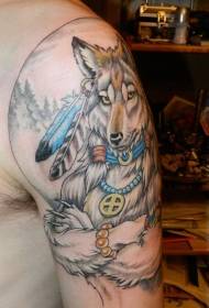 Big arm cartoon colored indian wolf with feather tattoo pattern