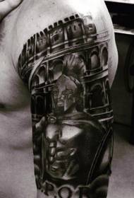 Duży czarno-biały wzór tatuażu wojownika spartańskiego i rzymskiej areny