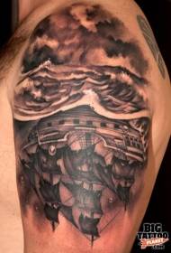 Big arm black gray wave sailboat upside down tattoo pattern