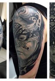 Big arm glamorous black and white female mask tattoo pattern