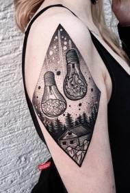 Big arm engraving style black brain bulb and forest house tattoo pattern