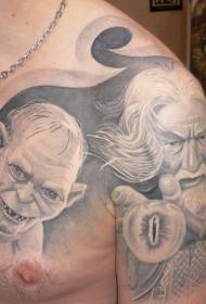 Pus bruņas satriecošs melnbalts Gredzenu pavēlnieka personāža portreta tetovējums