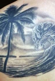 Back dreamy waves with palm tree tattoo pattern