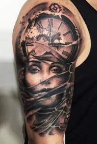 Big arm black gray style female with mechanical clock tattoo pattern