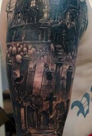 Arms creepy house with cemetery tattoo pattern