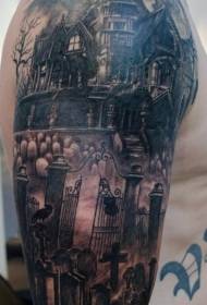 Arm large black and white horror style abandoned house with cemetery tattoo pattern