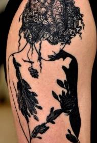 Tajemniczy czarno-biały botaniczny wzór kobiecej kombinacji tatuaży