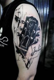 Arm black and white realistic Gypsy guitar letter tattoo pattern