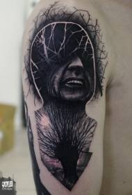Surreal style black mysterious portrait and tree tattoo pattern