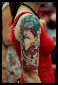 Old school arm colored female with flower tattoo pattern