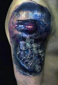 Big arm watercolor style incredible engine parts tattoo pattern