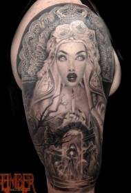Big arm black style cemetery and woman tattoo pattern