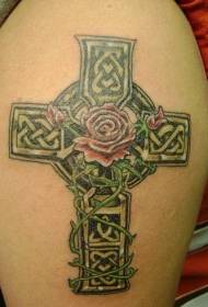 Arm celtic cross with red rose tattoo pattern