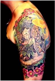 Umăr, minunat model de tatuaj cu flori de elf de zână