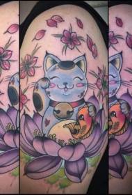İllüstrasyon tarzı renkli sevimli şanslı kedi lotus ve kalamar dövme deseni