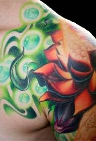 Beautiful colorful glowing lotus tattoo pattern on the shoulder