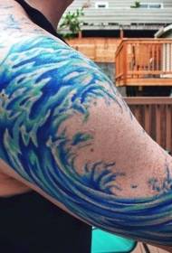 Big arm simple blue wave tattoo pattern