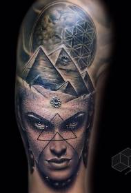 Engraving style black pyramid and planet female portrait tattoo pattern