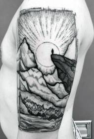 Crna ruka crna linija graviranje u stilu zemlje krajolik tetovaža uzorak