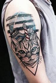 大臂彩色幾何燈塔和航行的貓頭紋身圖案