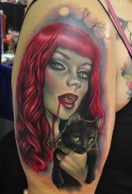 Arm traditional style colorful vampire woman with cat tattoo pattern