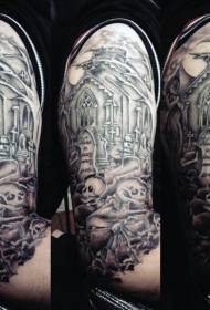 Big arm black gray graveyard with old church skull tattoo pattern