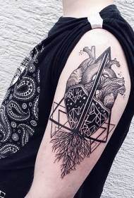 Big arm black heart tree branch with geometric tattoo pattern
