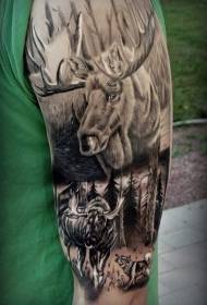 Big arm amazing black elk with wolf tattoo pattern