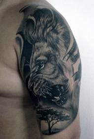 Arms wonderful black gray lion head and tree tattoo pattern