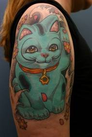 Brazo grande maravilloso colorido lindo gato de la suerte tatuaje patrón