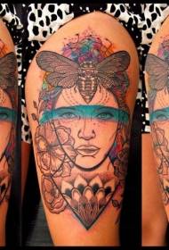 Old school color woman with butterfly and floral tattoo pattern