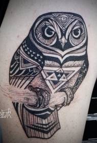 Tribal style black owl big arm tattoo pattern