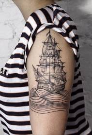 Big arm black engraving style wave with sailboat tattoo pattern