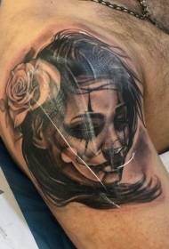 Big arm black mexican style female portrait with rose tattoo pattern