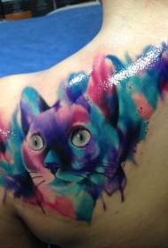 Shoulder watercolor cat portrait tattoo pattern